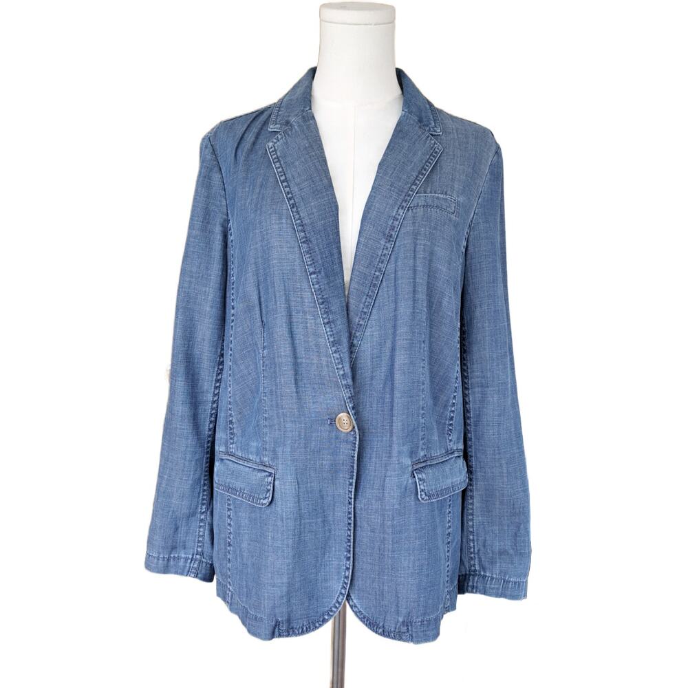 TALBOTS Blue Denim Chambray Blazer Jacket Size Large Petite Coastal Classic